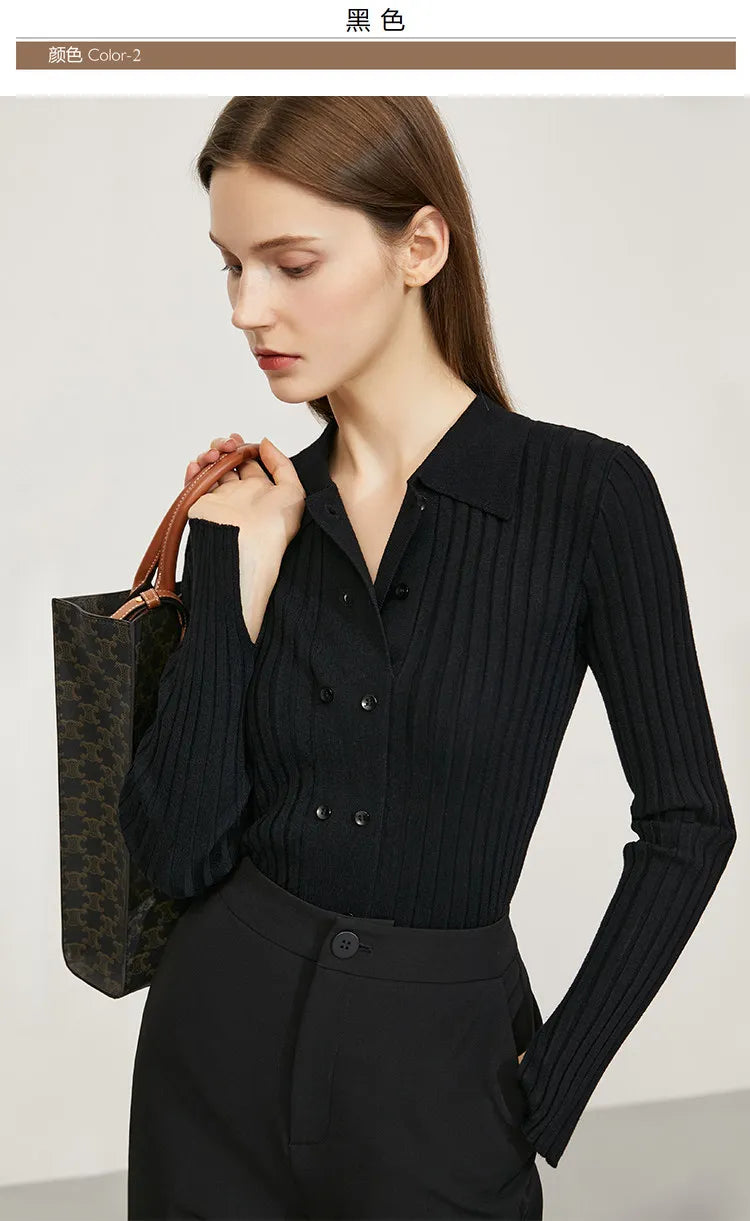 Damen-Strickjacke Polokragen Slim doppelreihig Wolle-Mix Frühling-Herbst