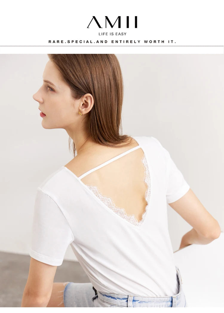 Damen T-Shirt aus mercerisierter Baumwolle mit V-Ausschnitt und Spitzen-Detail