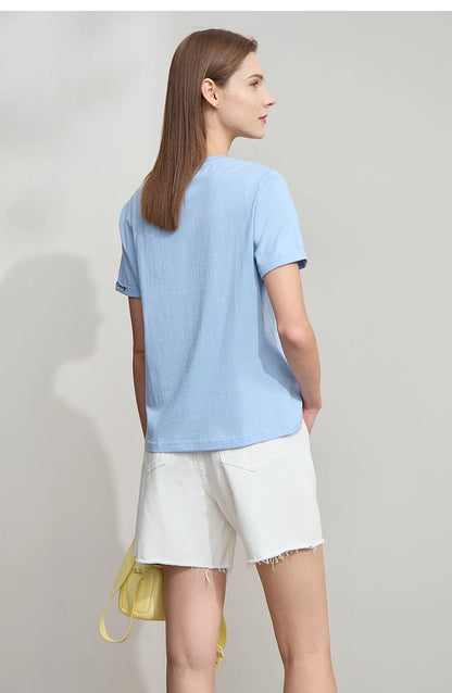 Damen T-Shirt im minimalistischen Stil mit bestickten Liebesperlen für den Sommer
