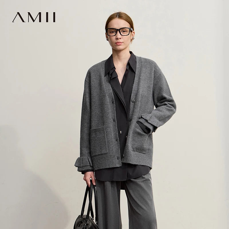 Damen-Strickjacke Wolle V-Ausschnitt Pendler einreihig locker Winter