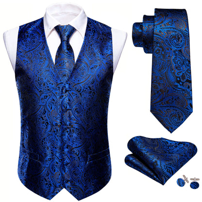 Elegantes Herrenweste-Set aus Jacquard, blau gemustert mit Krawatte und Einstecktuch.