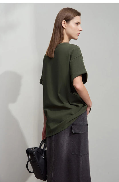 Damen Top im minimalistischen Stil mit O-Ausschnitt und bedrucktem Design