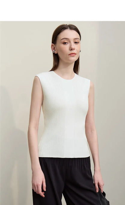 Ärmelloser Strickpullover, weiß, gerippt, gerader Saum
