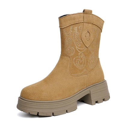 AIYUQI Western Cowboy Boots Women 2025 New Genuine Leather Winter Shoes Boots Women Short Tube Fashion Women's Snow Boots