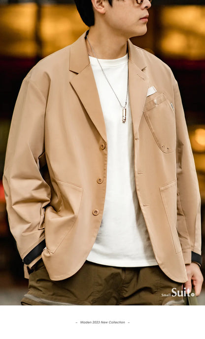 Herren Frühlingsjacke Lässig Einreihiger Blazer Reverskragen Mehrere Taschen Vintage