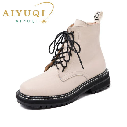 AIYUQI Damenstiefeletten aus beigem Leder mit Schnürung und profilierter Sohle