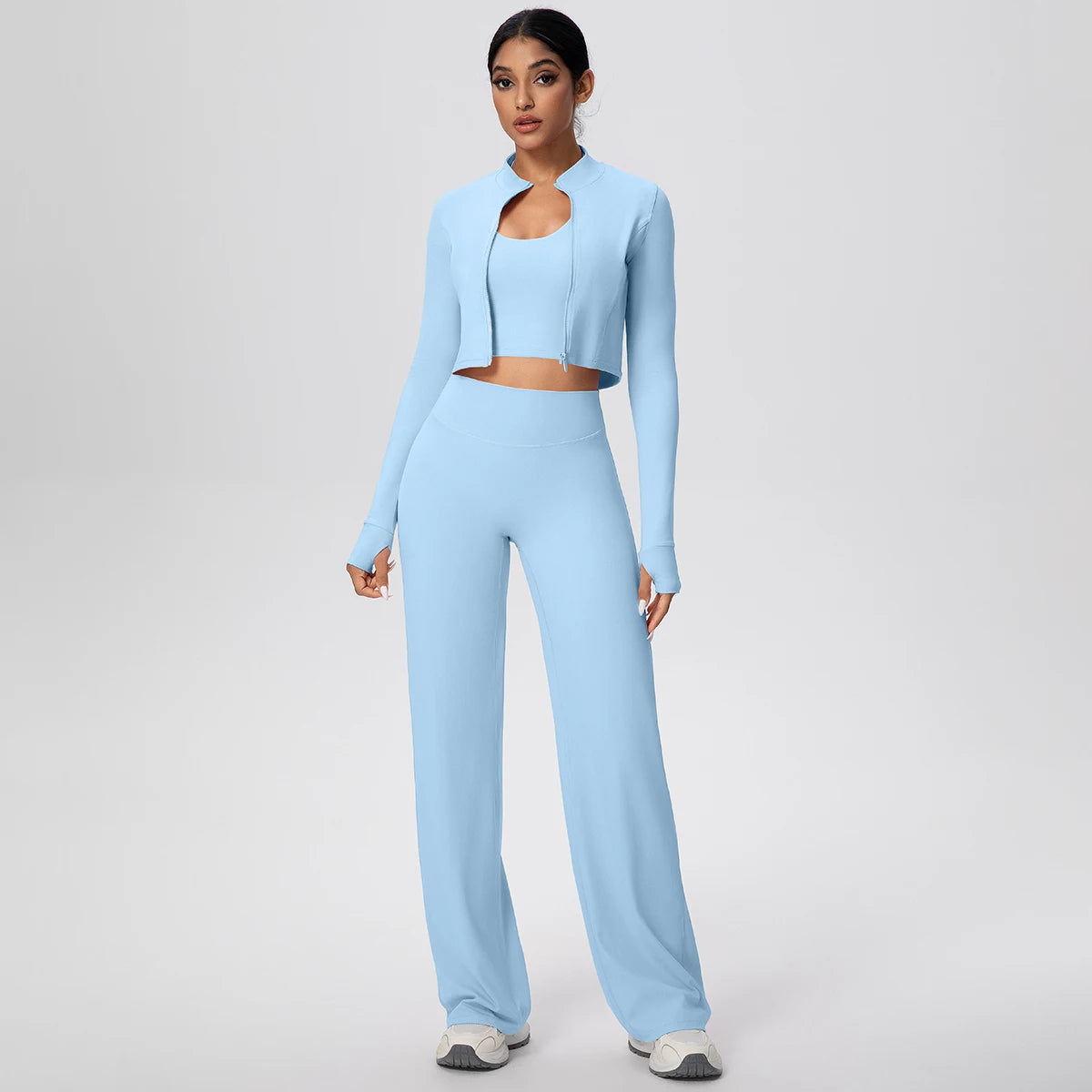 Damen Yoga-Set: langarmiges Crop-Top und weite Hose, hellblau