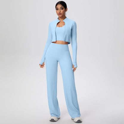 Damen Yoga-Set: langarmiges Crop-Top und weite Hose, hellblau