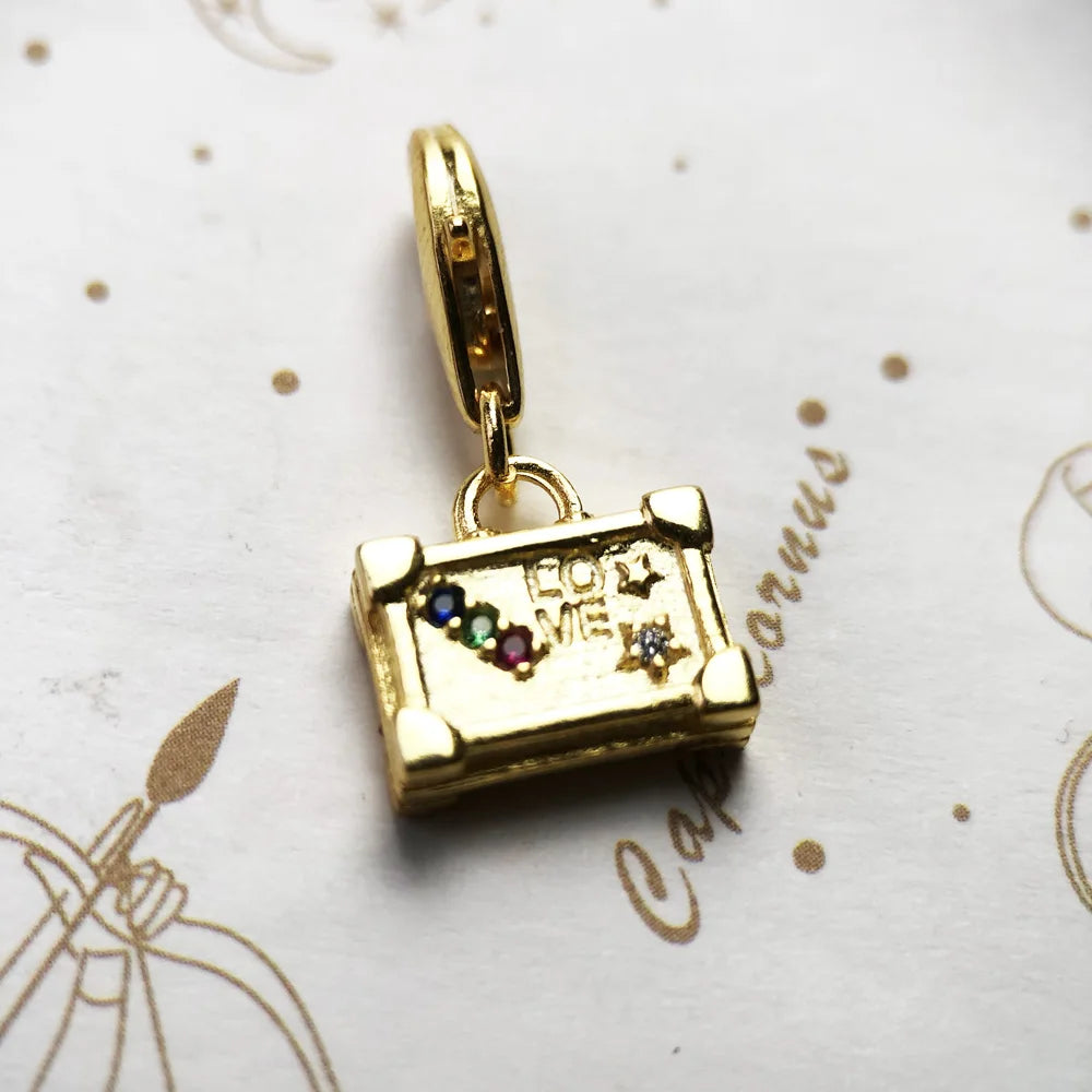 Damen-Charm-Anhänger Vintage Koffer golden Reise aus Sterlingsilber