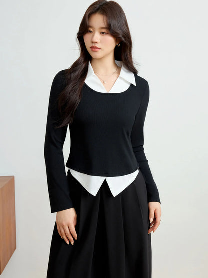 Elegante Damen-Spitzenbluse mit langen Ärmeln und Knopfleiste in sanftem Beige und Lila – ideal für den Winter.