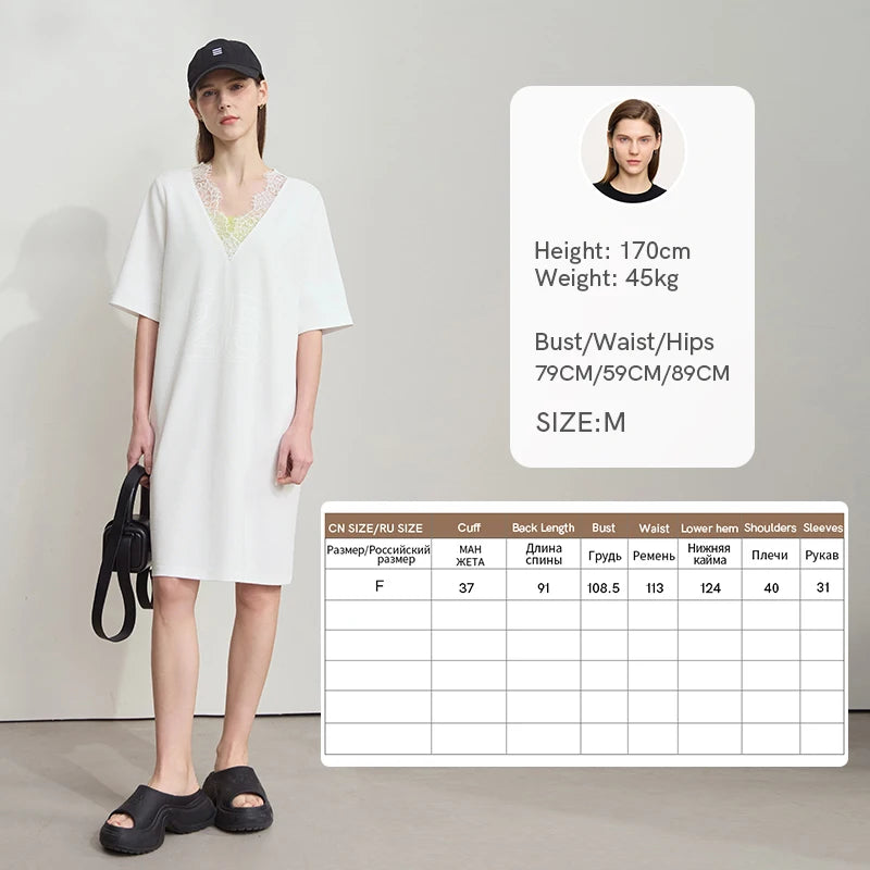 Weißes Damenkleid mit V-Ausschnitt, kurze Ärmel, lockere Passform
