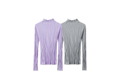 Damen-Wollpullover mit Stehkragen, lila und grauer Zopfstrick, langärmlig