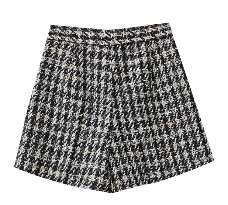 Damen Shorts im Retro-Stil mit kariertem Patchwork und Taschen