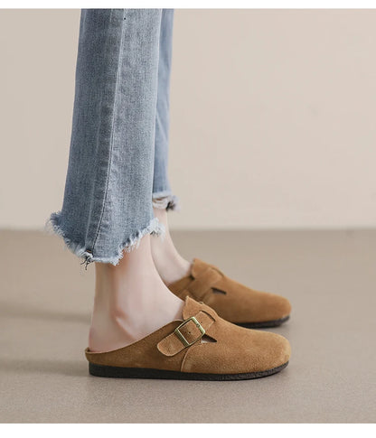 AIYUQI Hausschuhe Frauen Echt Leder 2025, Neue Große Größe 41 42 43 Frauen Sommer Schuhe Retro Oberbekleidung Flache Faule halbe Hausschuhe Frauen