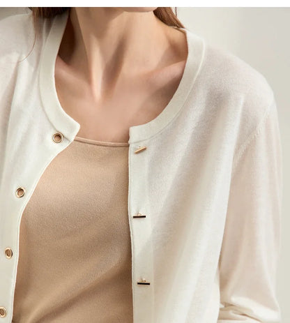 Damen-Strickjacke Rundhals Wolle Metallknopf dünn Büro Herbst