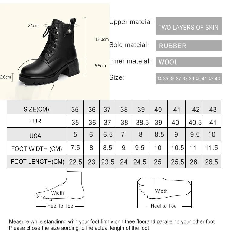 Schwarze Stiefeletten mit Größentabelle; Materialangaben zu Sohle und Wollfutter