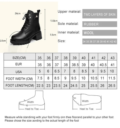 Schwarze Stiefeletten mit Größentabelle; Materialangaben zu Sohle und Wollfutter