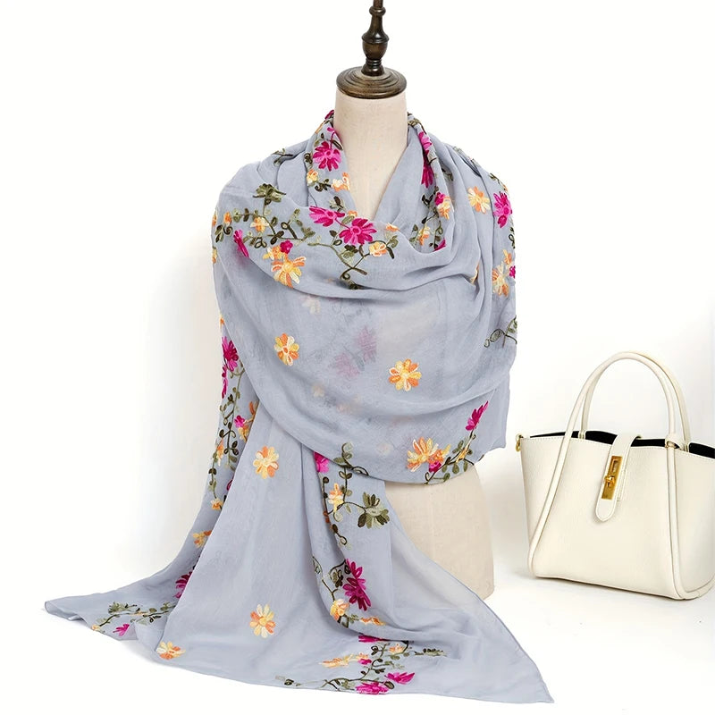 Damen Baumwoll Leinen Schal Farbverlauf Stickerei Bandana Hijab Sommer Sonnenschutz
