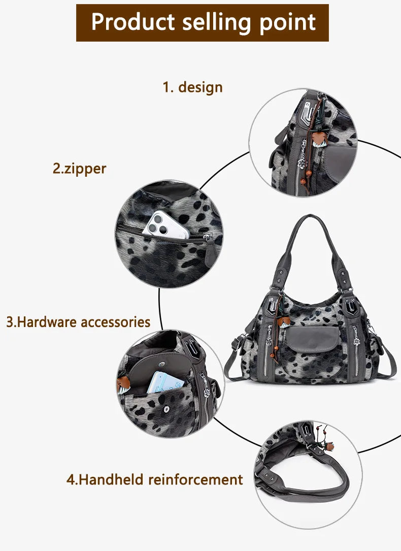 Damen-Hobo-Tasche aus gewaschenem Leder mit grau-Leoparden-Print und mehreren Fächern und viel Stauraum