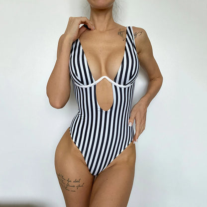 Damen Badeanzug V-förmig gestreift Bügel Monokini hoher Beinausschnitt