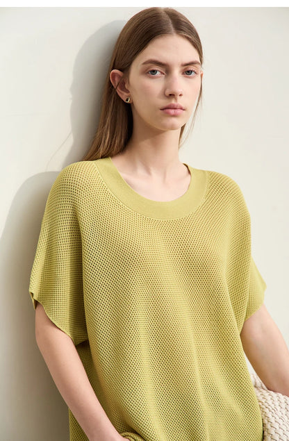 Damen-Rundhalspullover Wolle Aushöhlung locker Streetwear Sommer