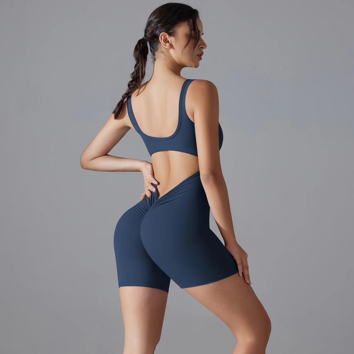 Damen Fitness-Bodysuit mit Spaghettiträgern, ärmellos, einteilig, kurzem Hosenbein in Dunkelblau
