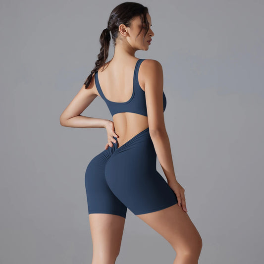 Damen Fitness-Bodysuit mit Spaghettiträgern, ärmellos, einteilig, kurzem Hosenbein in Dunkelblau