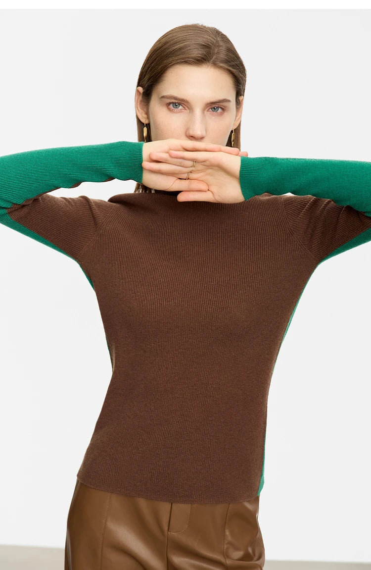 Damen-Rollkragenpullover 100 % Wolle Farbkontrast Slim Fit Frühling