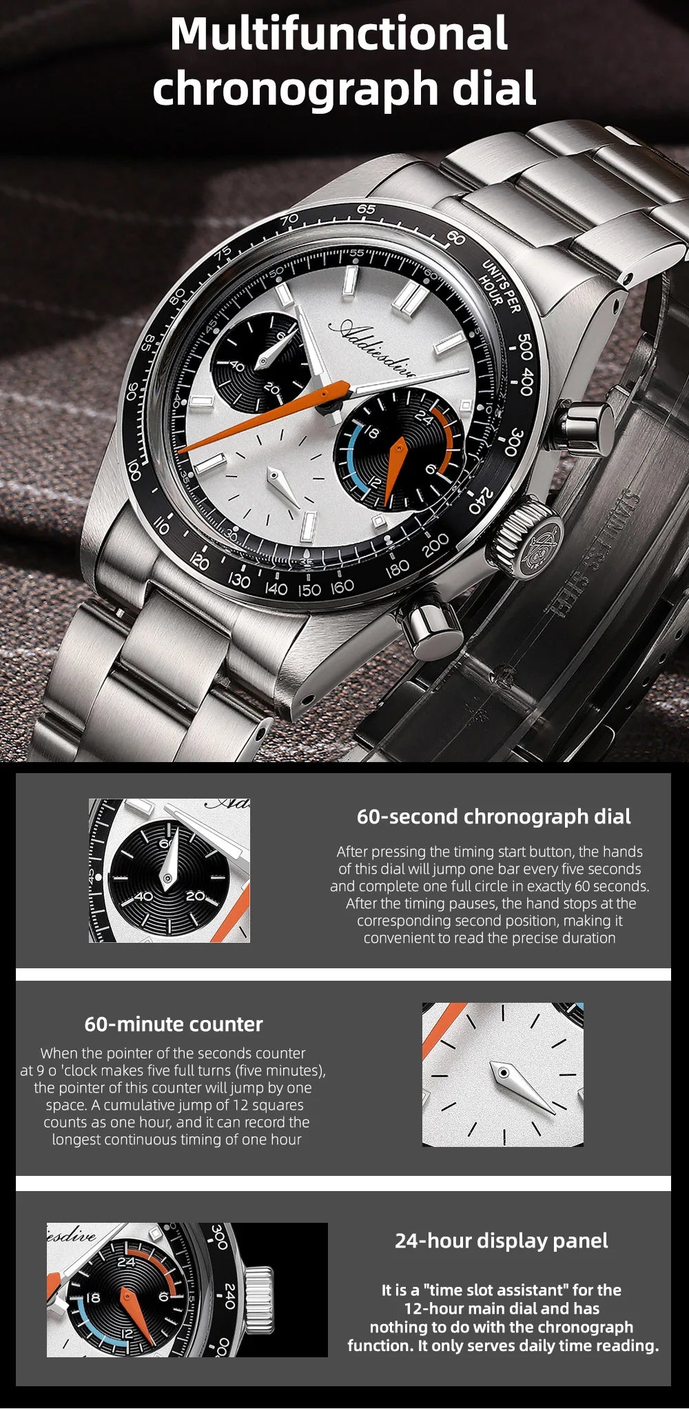 ADDIESDIVE 37mm Men Watch AD2539 BGW9 Super Luminous Chronograph Watch Bubble Mirror Glass 10Bar Waterproof VK63 Quartz Watches