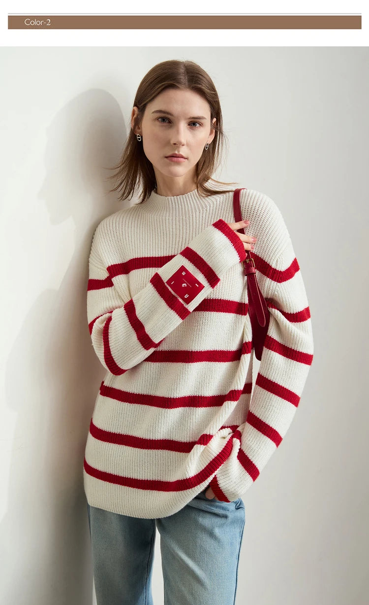Damen-Strickjacke Streifen Stehkragen Kontrastfarben locker Weihnachten Winter
