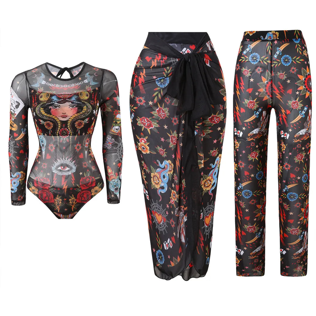 Damen-Badeanzug 3-teilig Print Langarm Sarong-Set gepolstert