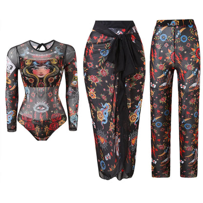 Damen-Badeanzug 3-teilig Print Langarm Sarong-Set gepolstert