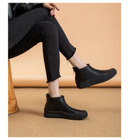 Damen-Stiefeletten aus Leder, flach, dunkelbraun, elastische Einstiegsöffnung, Profilsohle