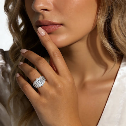 Damen-Verlobungsring-Set aus Moissanit im Smaragd-Schliff Halo-Umrandung 925er Sterlingsilber