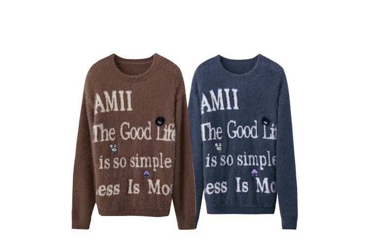 Pullover im Set: braun und dunkelblau, Rundhalsausschnitt mit AMII-Print