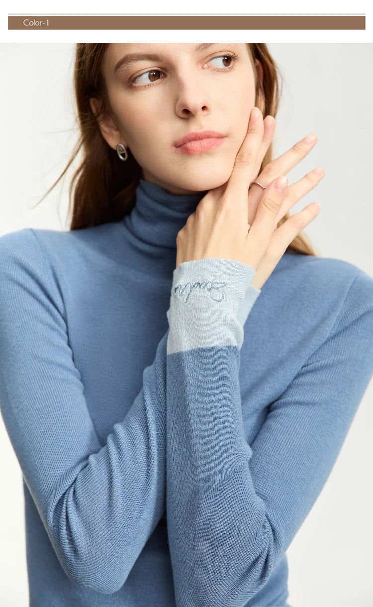 Damen-Rollkragenpullover Wolle Slim Patchwork-Splicing Herbst-Winter
