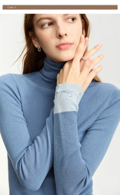 Damen-Rollkragenpullover Wolle Slim Patchwork-Splicing Herbst-Winter
