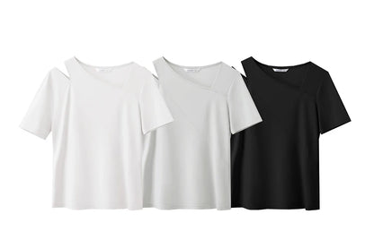 Damen T-Shirts im Minimalismus-Stil mit asymmetrischem V-Ausschnitt und kurzen Ärmeln