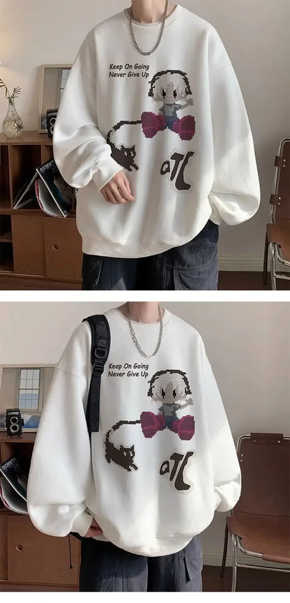 Japanischer Vintage-Pullover mit Fleece, Rundhalsausschnitt und Print – Lässiger Langarm-Hoodie für Herren im Winter.