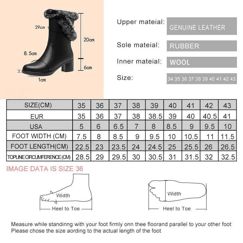 Damen Stiefel aus echtem Leder mit quadratischem Absatz und Fellfutter