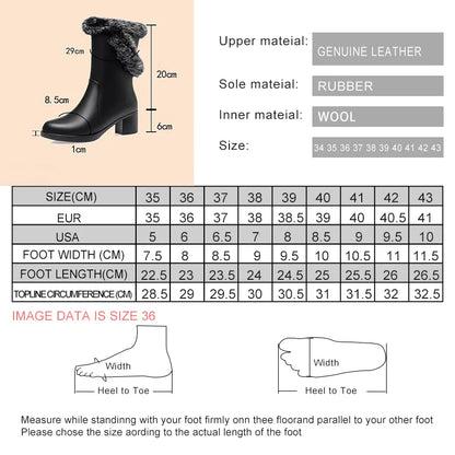 Damen Stiefel aus echtem Leder mit quadratischem Absatz und Fellfutter