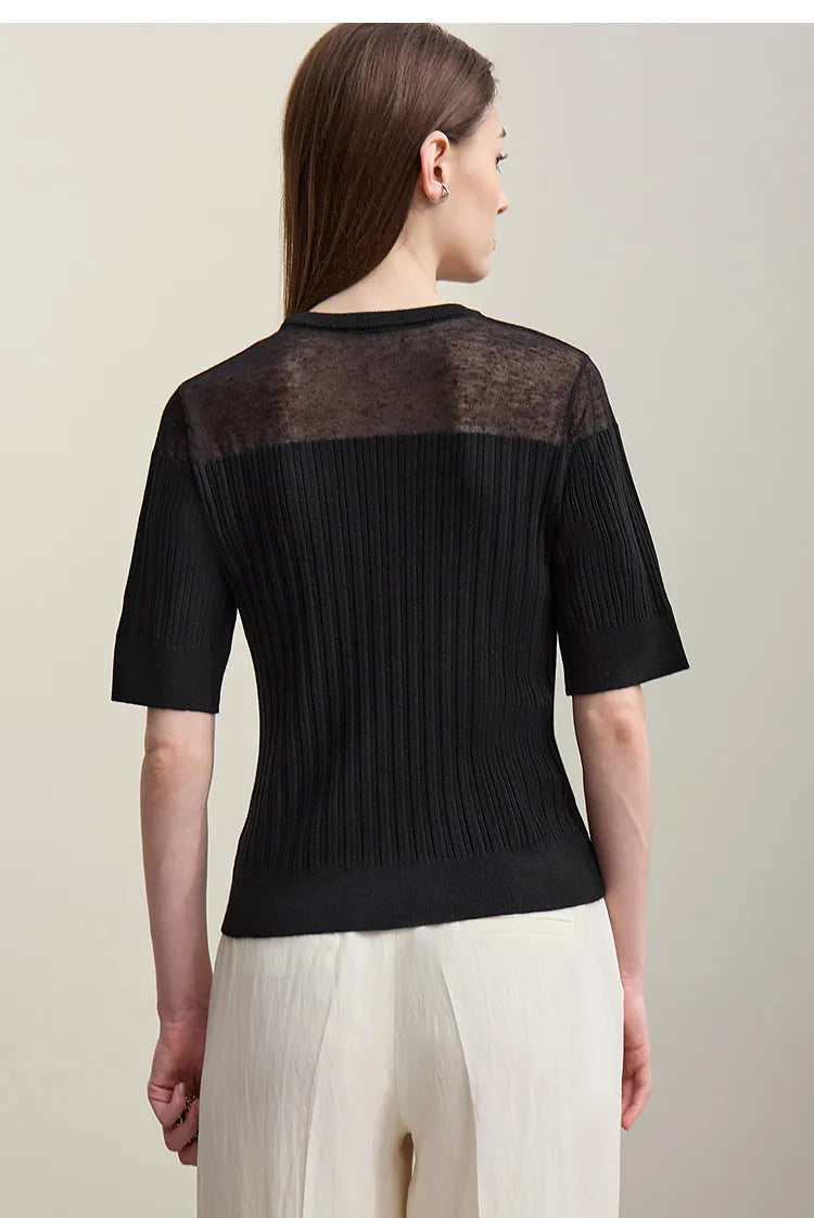 Damen-Stricktop, schwarz, Rückansicht, halbarm, geripptes Muster und Mesh am Nacken