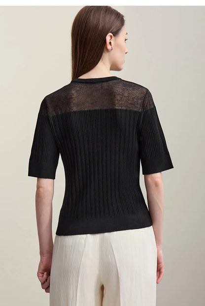 Damen-Stricktop, schwarz, Rückansicht, halbarm, geripptes Muster und Mesh am Nacken