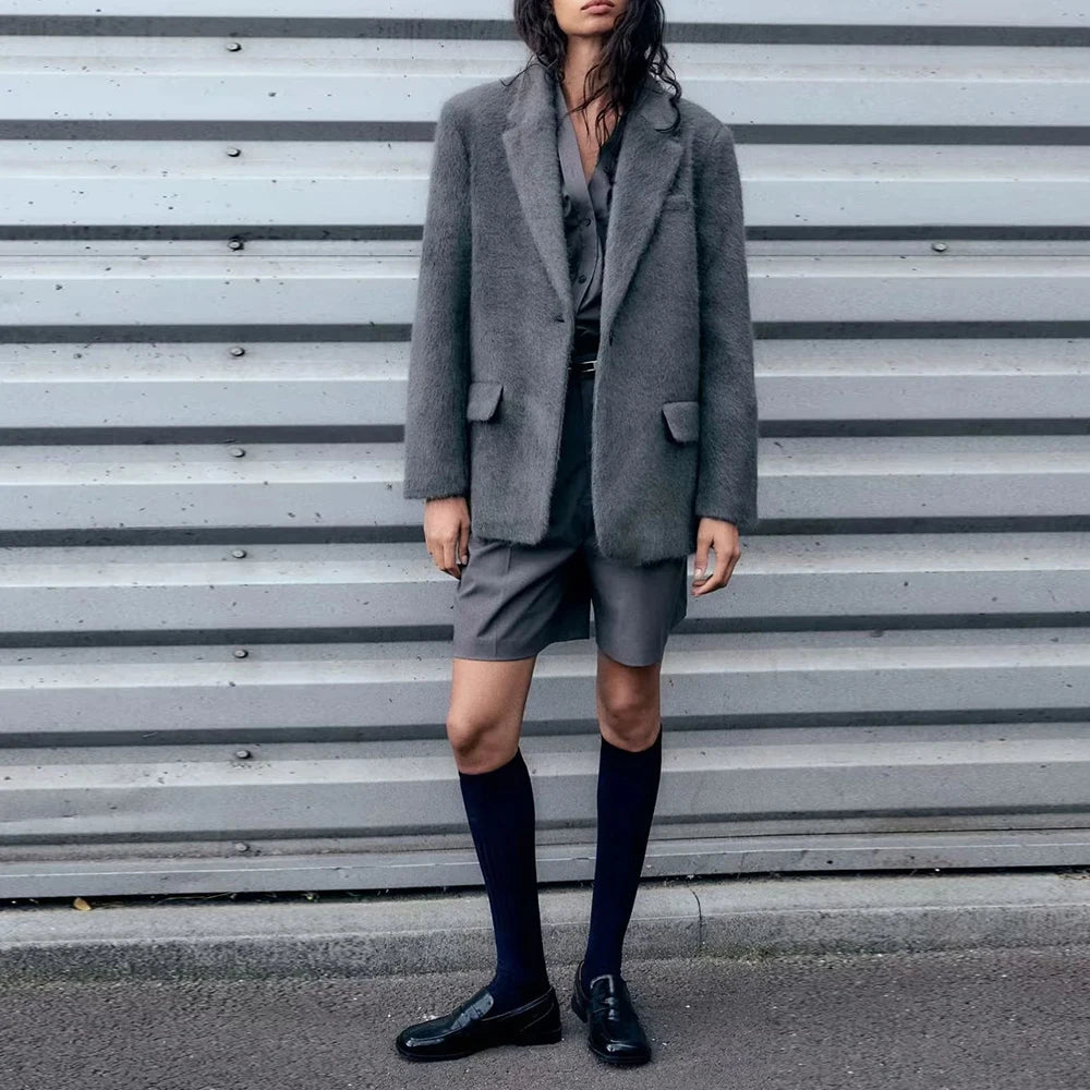 Elegante Damenjacke mit Reverskragen und langen Ärmeln – luxuriöses Patchwork-Design mit Taschen