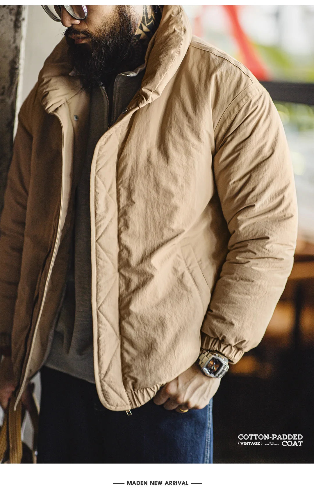 Herren Mantel Retro Khaki Stehkragen gefütterte Puffjacke mit Reißverschluss