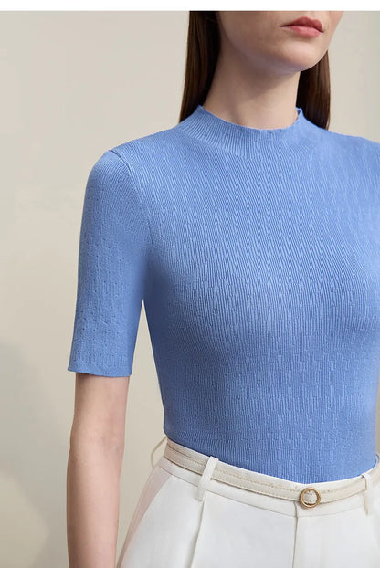 Strickpullover mit Stehkragen und kurzem Ärmel, hellblau, feines Rippenmuster