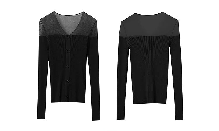 Damen V-Ausschnitt Pullover Viskose Mesh Organza Slim Frühling