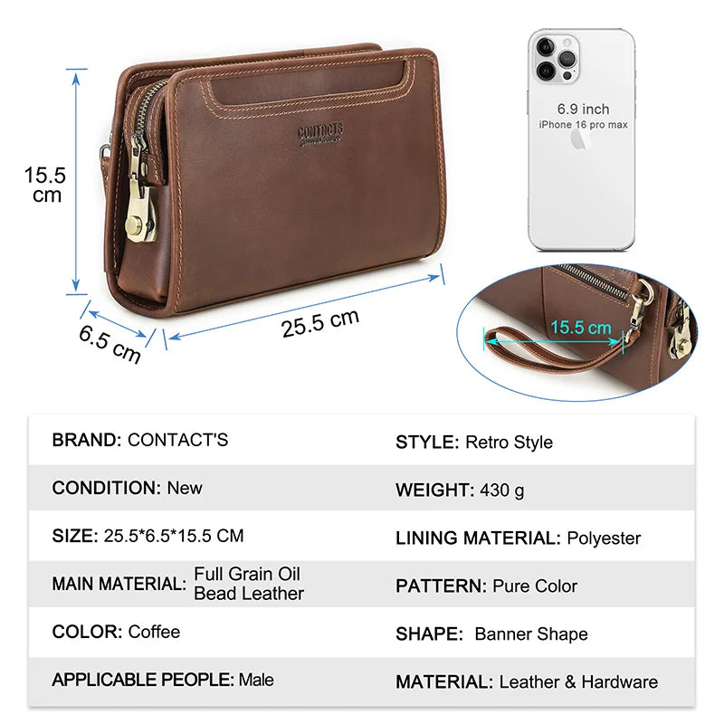 Braune Herren-Clutch aus Leder, ca. 25,5×15,5 cm, mit Reißverschluss