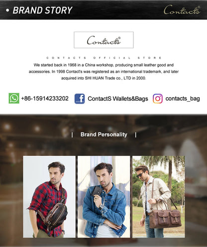 Markengeschichte-Infokarte zur Herren-Lederclutch Contact’s mit Produktbildern