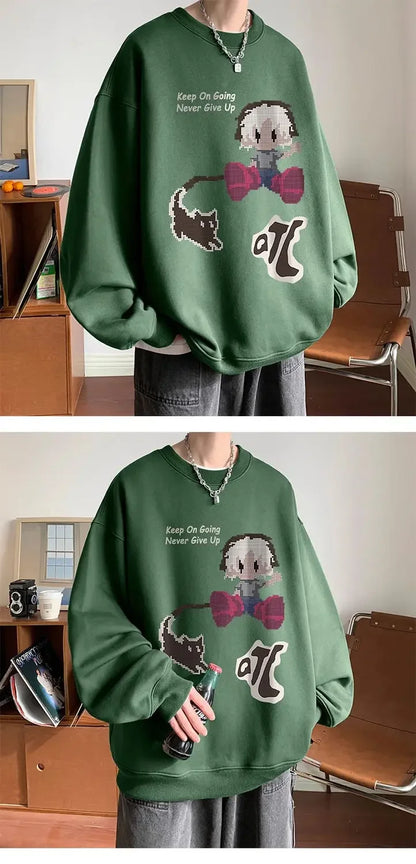 Japanischer Vintage-Pullover mit Fleece, Rundhalsausschnitt und Print – Lässiger Langarm-Hoodie für Herren im Winter.